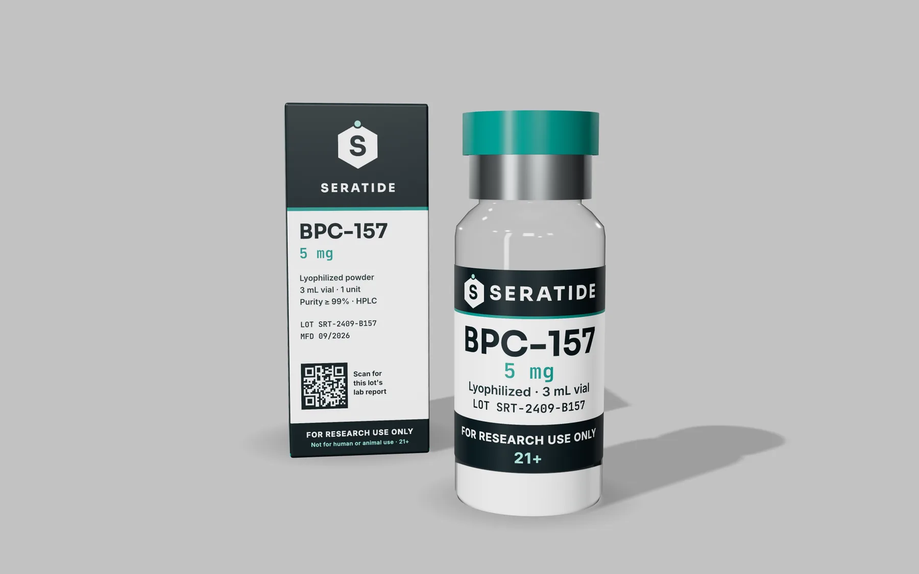 A Seratide BPC-157 5 mg vial beside its navy Keep Refrigerated carton. The vial label shows the compound, strength, lyophilized 3 mL vial, lot SRT-2409-B157 and For Research Use Only, 21+
