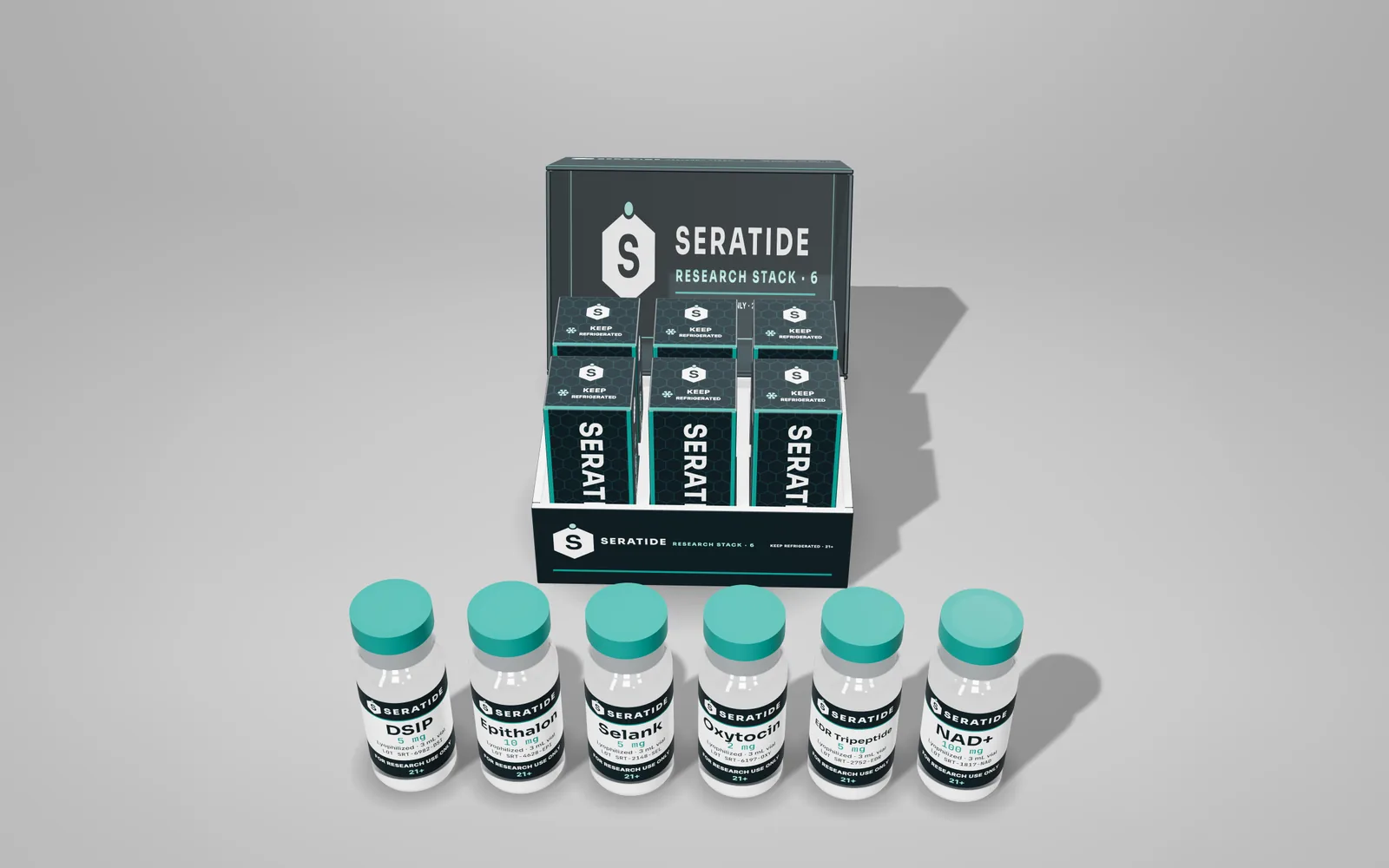 An open Seratide Research Stack 6 box for Pineal & Neuropeptide, six navy cartons in the insert and six labeled vials in front: DSIP, Epithalon, Selank, Oxytocin, EDR Tripeptide, NAD+