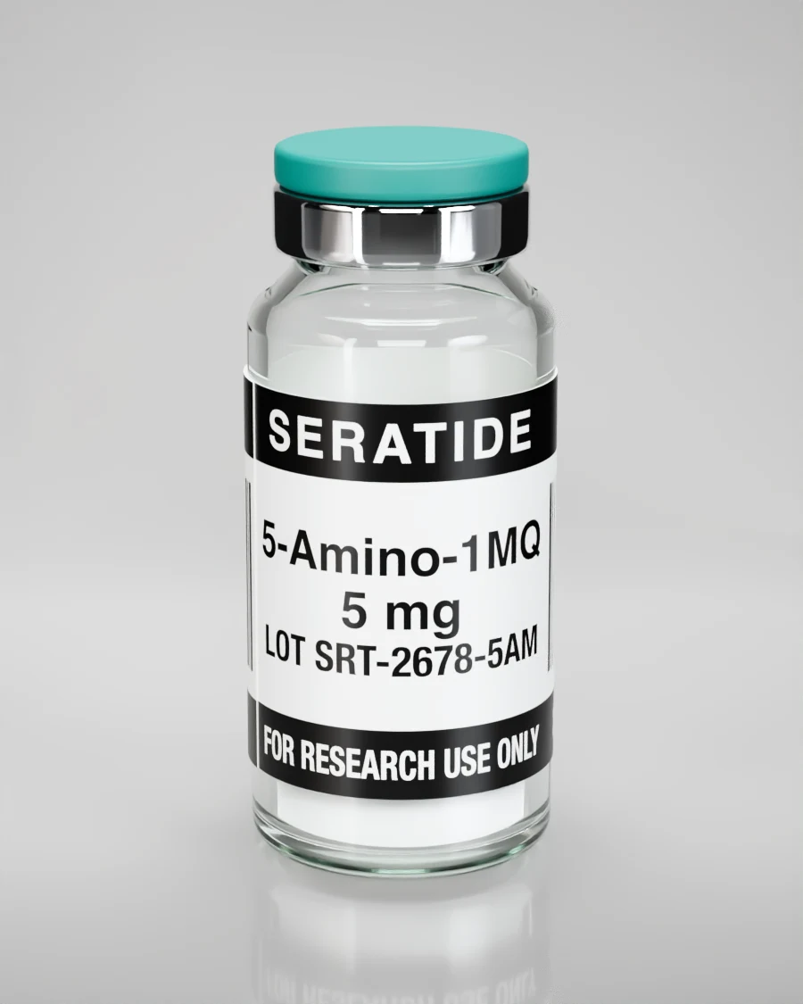 Seratide 5-Amino-1MQ 5 mg vial — Lyophilized · 3 mL vial, lot SRT-2678-5AM, labeled For Research Use Only, 21+