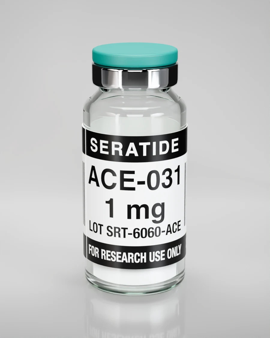 Seratide ACE-031 1 mg vial — Lyophilized · 3 mL vial, lot SRT-6060-ACE, labeled For Research Use Only, 21+