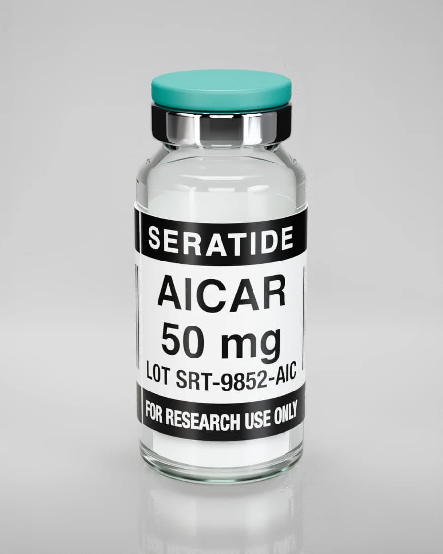 Seratide AICAR 50 mg vial — Lyophilized · 3 mL vial, lot SRT-9852-AIC, labeled For Research Use Only, 21+