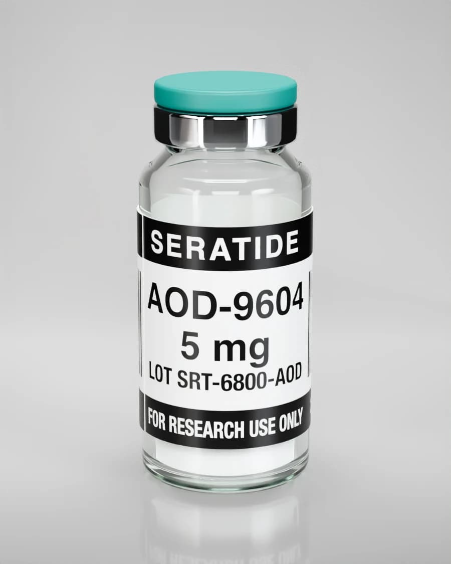 Seratide AOD-9604 5 mg vial — Lyophilized · 3 mL vial, lot SRT-6800-AOD, labeled For Research Use Only, 21+