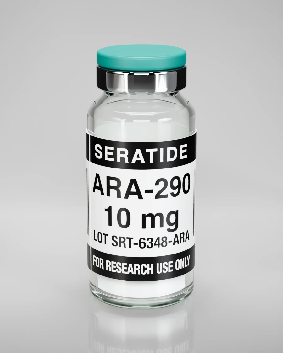 Seratide ARA-290 10 mg vial — Lyophilized · 3 mL vial, lot SRT-6348-ARA, labeled For Research Use Only, 21+