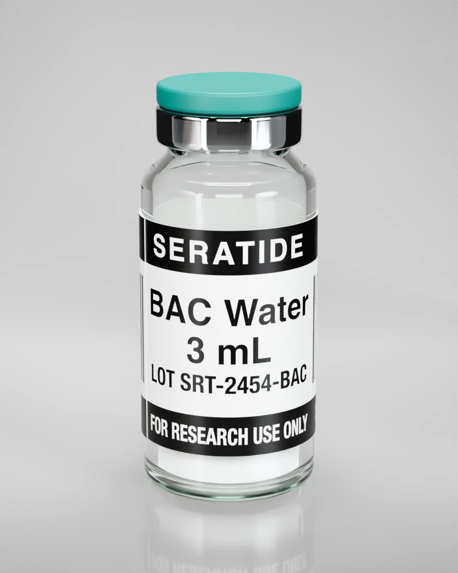 Seratide BAC Water 3 mL vial — Solution · 10 mL vial, lot SRT-2454-BAC, labeled For Research Use Only, 21+