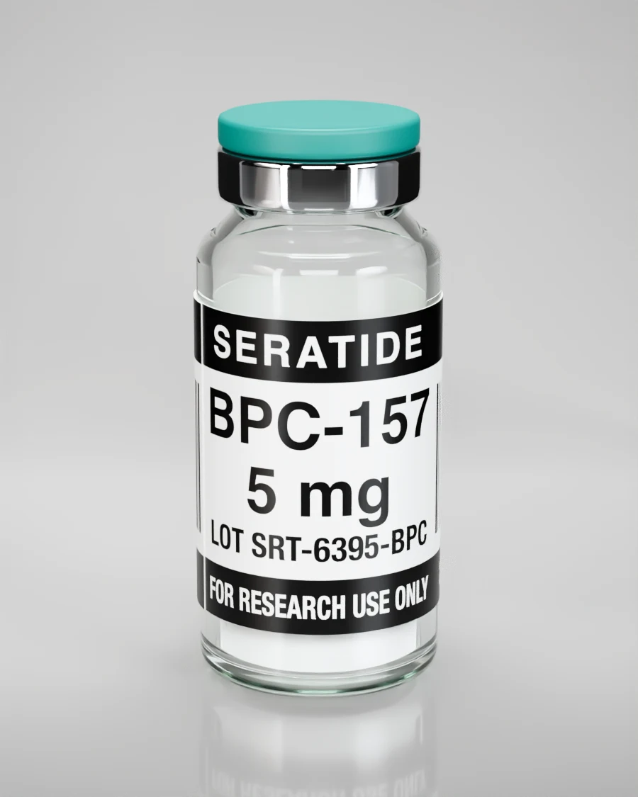 Seratide BPC-157 5 mg vial — Lyophilized · 3 mL vial, lot SRT-6395-BPC, labeled For Research Use Only, 21+
