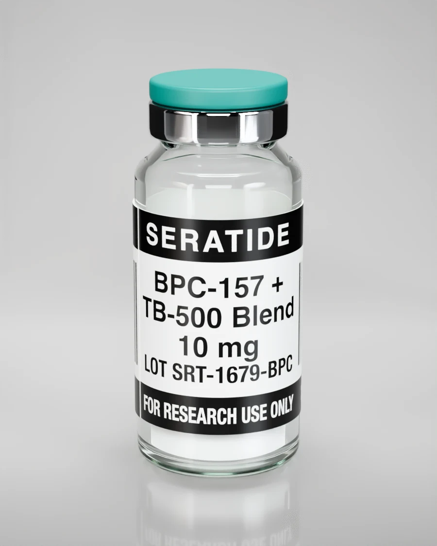 Seratide BPC-157 + TB-500 Blend 10 mg vial — Lyophilized · 3 mL vial, lot SRT-1679-BPC, labeled For Research Use Only, 21+
