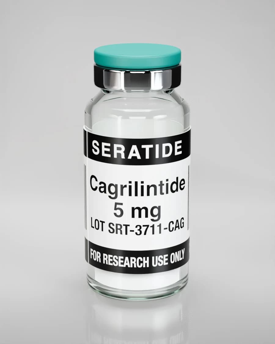 Seratide Cagrilintide 5 mg vial — Lyophilized · 3 mL vial, lot SRT-3711-CAG, labeled For Research Use Only, 21+