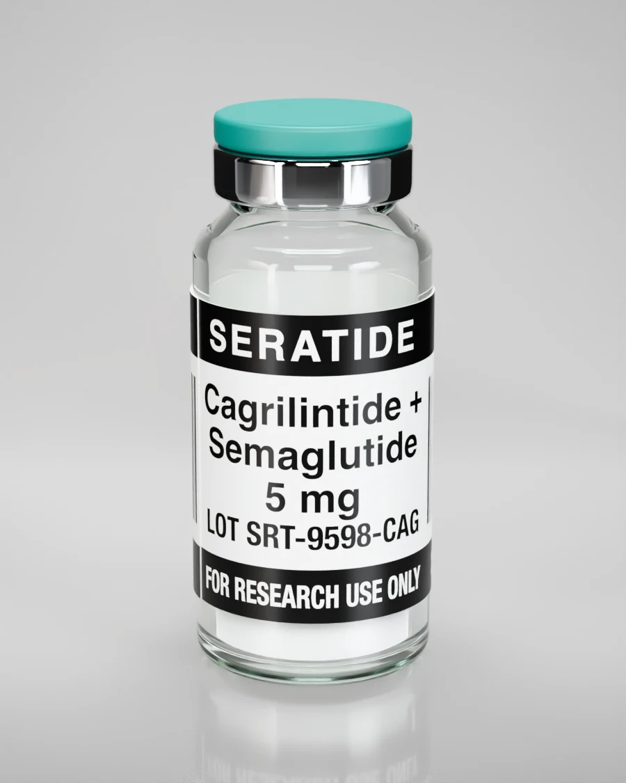 Seratide Cagrilintide + Semaglutide 5 mg vial — Lyophilized · 3 mL vial, lot SRT-9598-CAG, labeled For Research Use Only, 21+