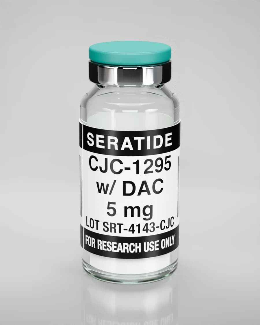 Seratide CJC-1295 w/ DAC 5 mg vial — Lyophilized · 3 mL vial, lot SRT-4143-CJC, labeled For Research Use Only, 21+