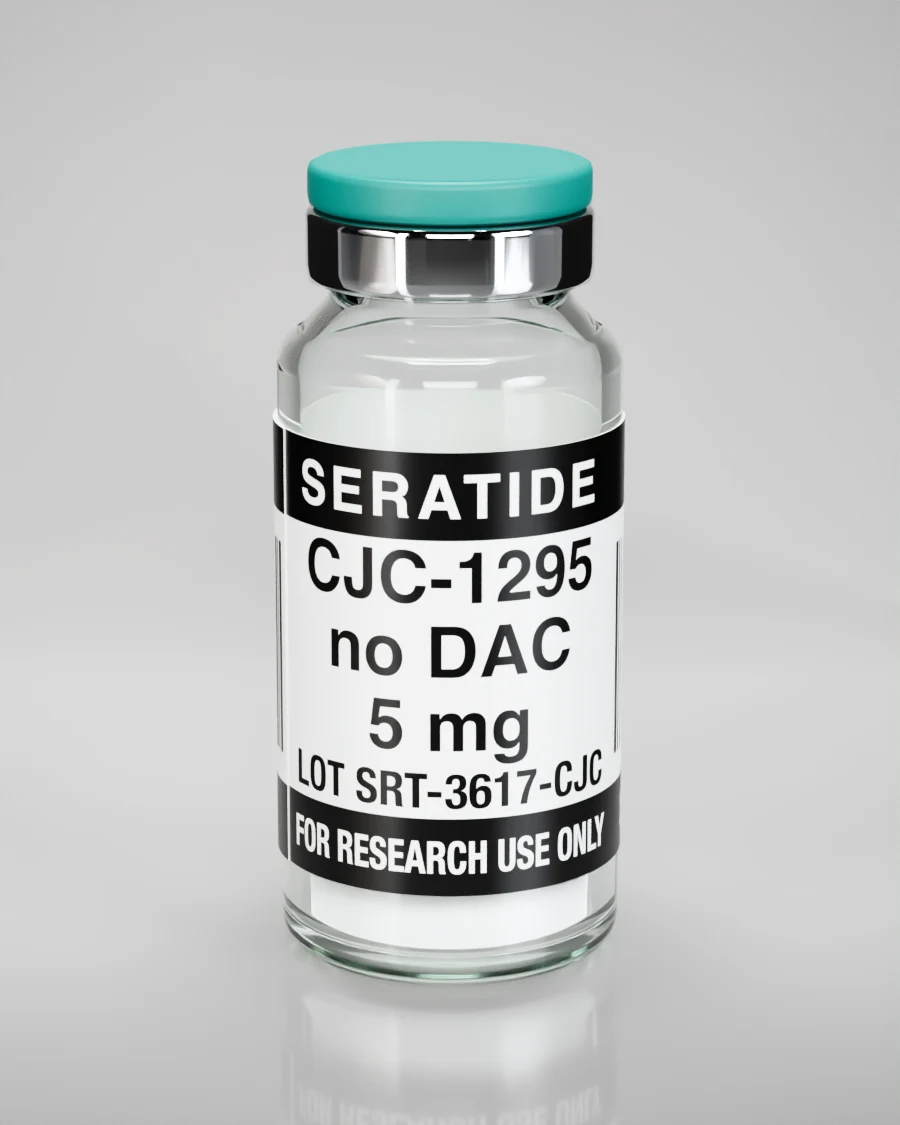 Seratide CJC-1295 no DAC 5 mg vial — Lyophilized · 3 mL vial, lot SRT-3617-CJC, labeled For Research Use Only, 21+