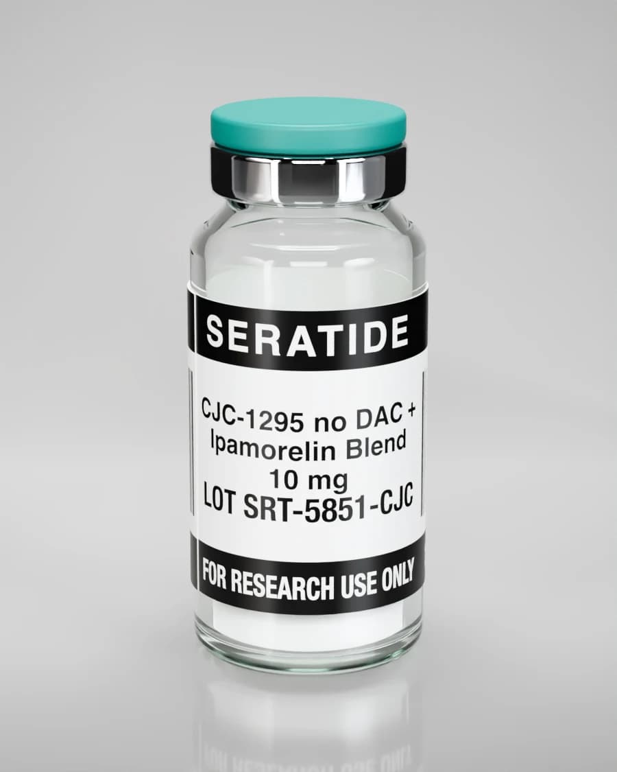 Seratide CJC-1295 no DAC + Ipamorelin Blend 10 mg vial — Lyophilized · 3 mL vial, lot SRT-5851-CJC, labeled For Research Use Only, 21+
