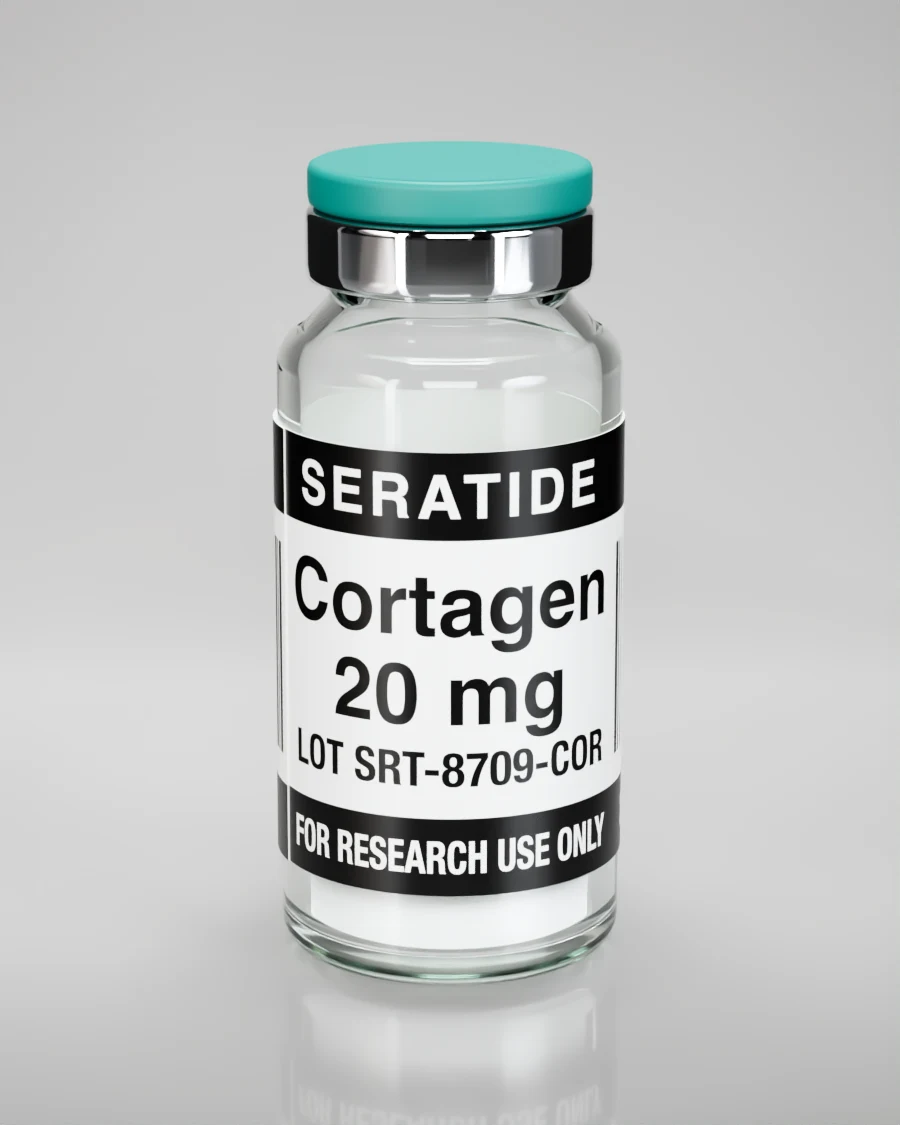 Seratide Cortagen 20 mg vial — Lyophilized · 3 mL vial, lot SRT-8709-COR, labeled For Research Use Only, 21+