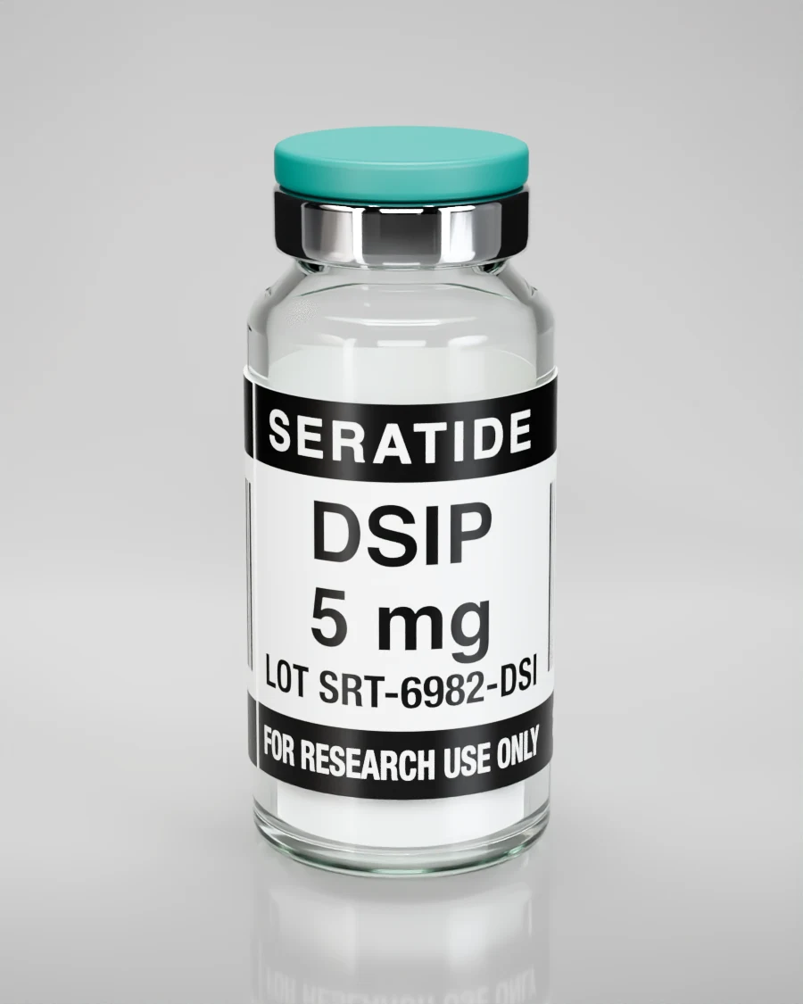 Seratide DSIP 5 mg vial — Lyophilized · 3 mL vial, lot SRT-6982-DSI, labeled For Research Use Only, 21+
