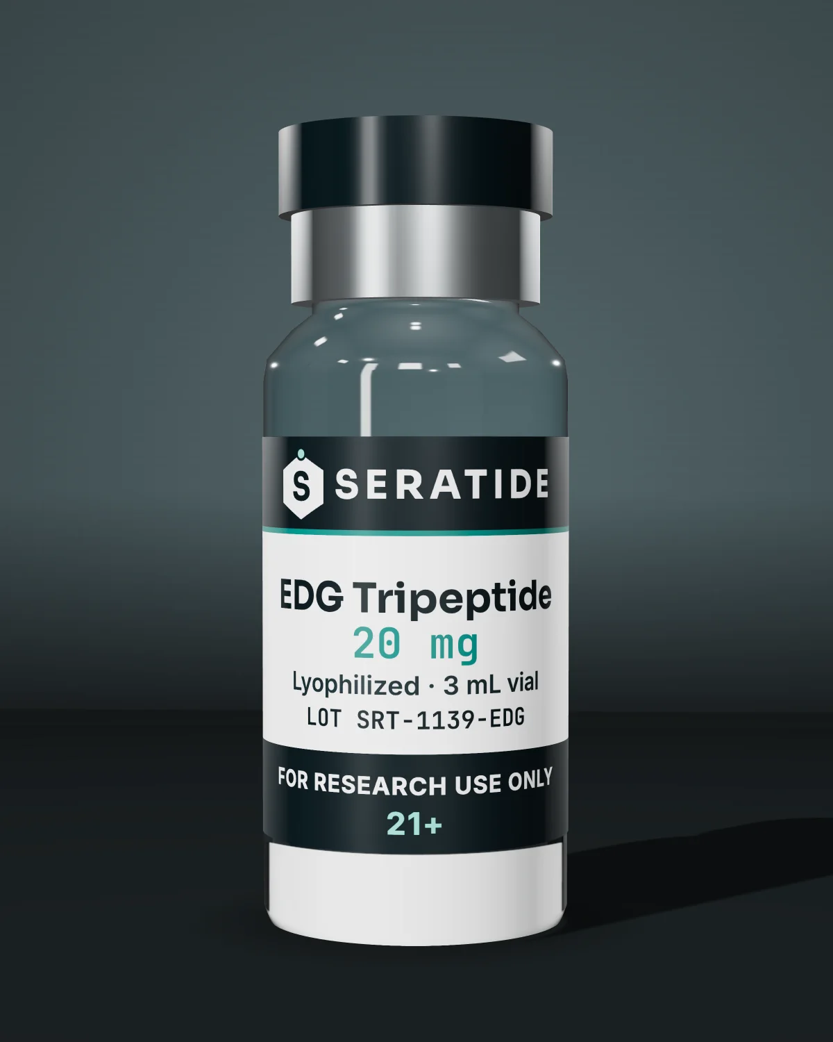 Seratide EDG Tripeptide 20 mg vial — Lyophilized · 3 mL vial, lot SRT-1139-EDG, labeled For Research Use Only, 21+