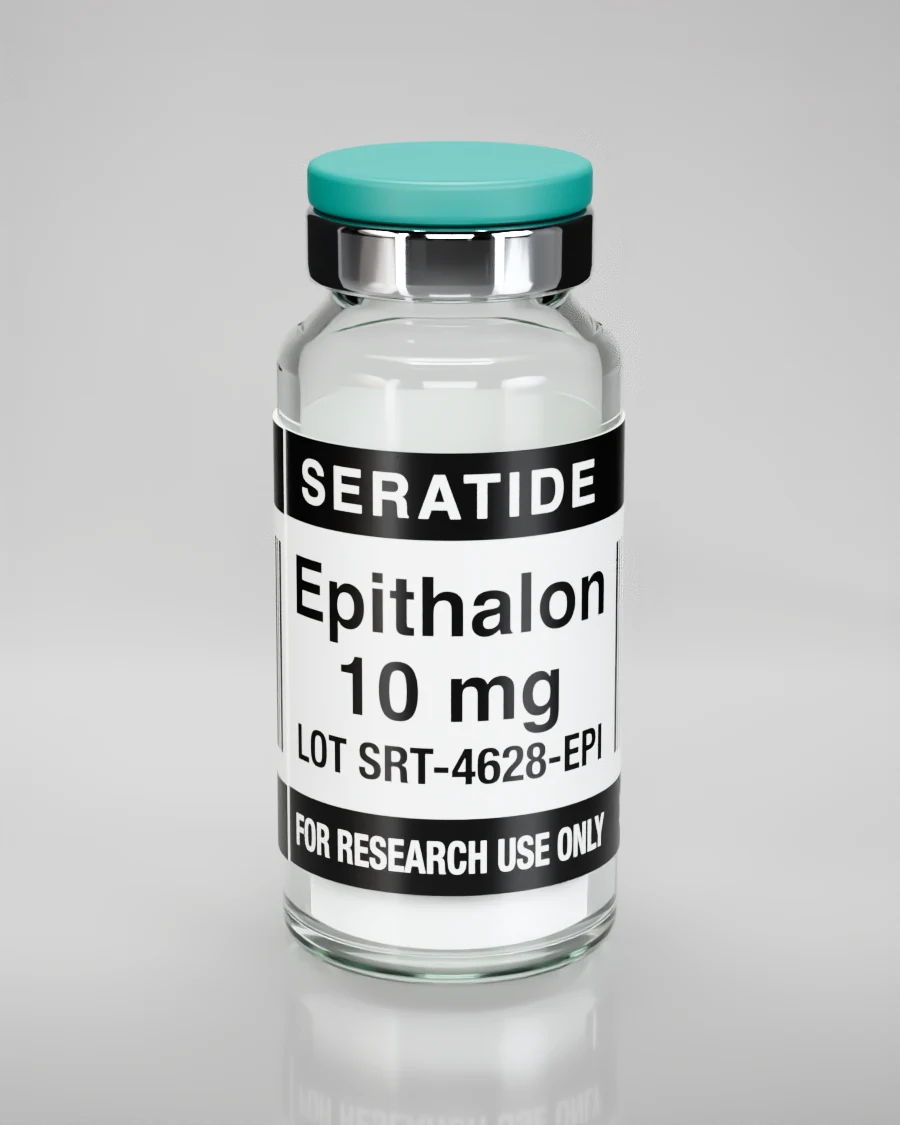 Seratide Epithalon 10 mg vial — Lyophilized · 3 mL vial, lot SRT-4628-EPI, labeled For Research Use Only, 21+