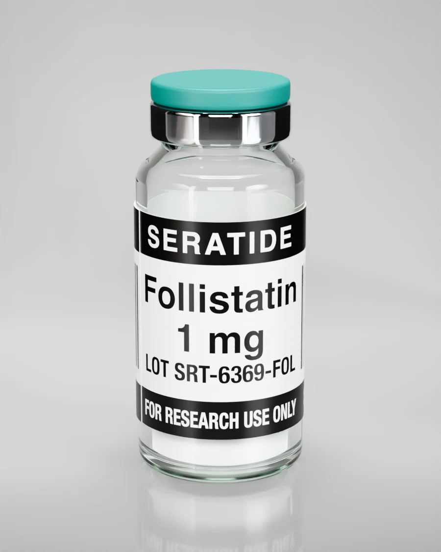 Seratide Follistatin 1 mg vial — Lyophilized · 3 mL vial, lot SRT-6369-FOL, labeled For Research Use Only, 21+