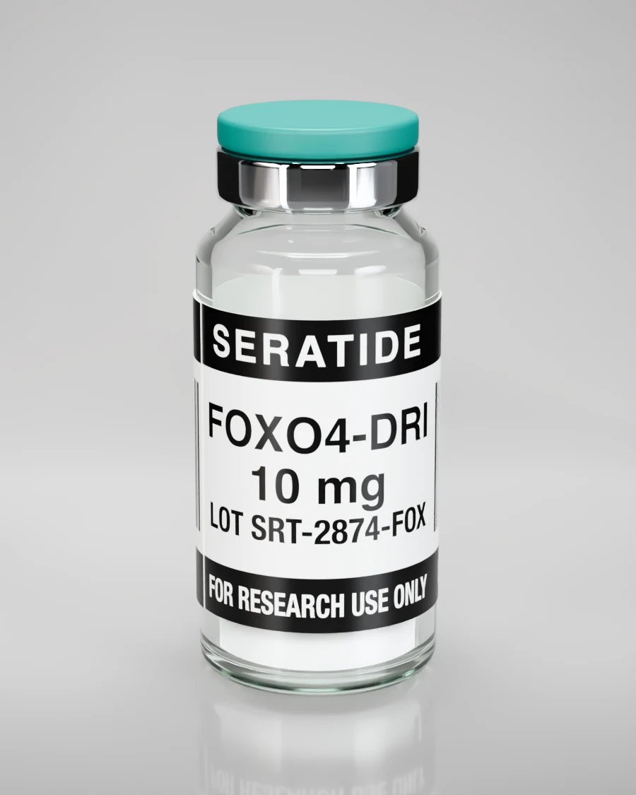 Seratide FOXO4-DRI 10 mg vial — Lyophilized · 3 mL vial, lot SRT-2874-FOX, labeled For Research Use Only, 21+