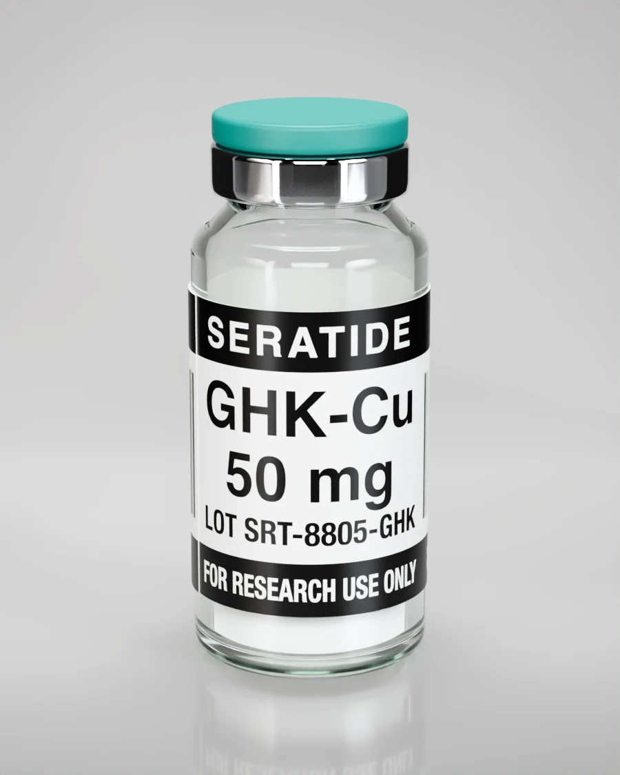 Seratide GHK-Cu 50 mg vial — Lyophilized · 3 mL vial, lot SRT-8805-GHK, labeled For Research Use Only, 21+