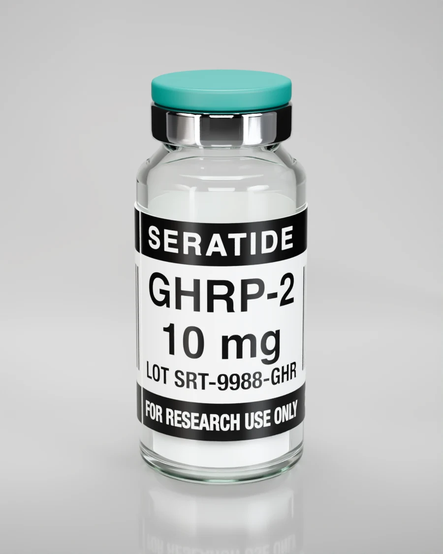 Seratide GHRP-2 10 mg vial — Lyophilized · 3 mL vial, lot SRT-9988-GHR, labeled For Research Use Only, 21+
