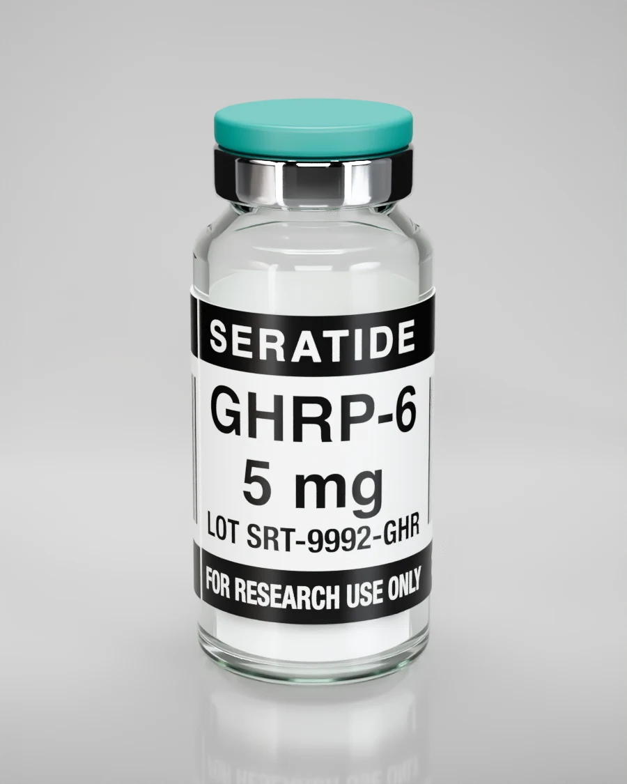 Seratide GHRP-6 5 mg vial — Lyophilized · 3 mL vial, lot SRT-9992-GHR, labeled For Research Use Only, 21+