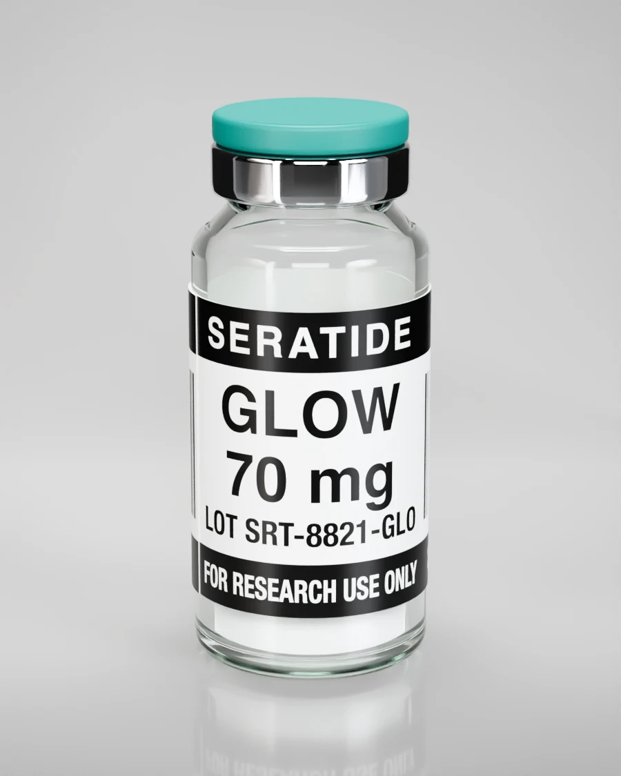 Seratide GLOW 70 mg vial — Lyophilized · 3 mL vial, lot SRT-8821-GLO, labeled For Research Use Only, 21+