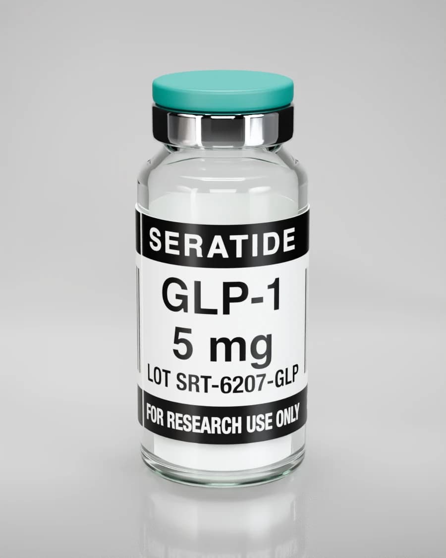 Seratide GLP-1 5 mg vial — Lyophilized · 3 mL vial, lot SRT-6207-GLP, labeled For Research Use Only, 21+