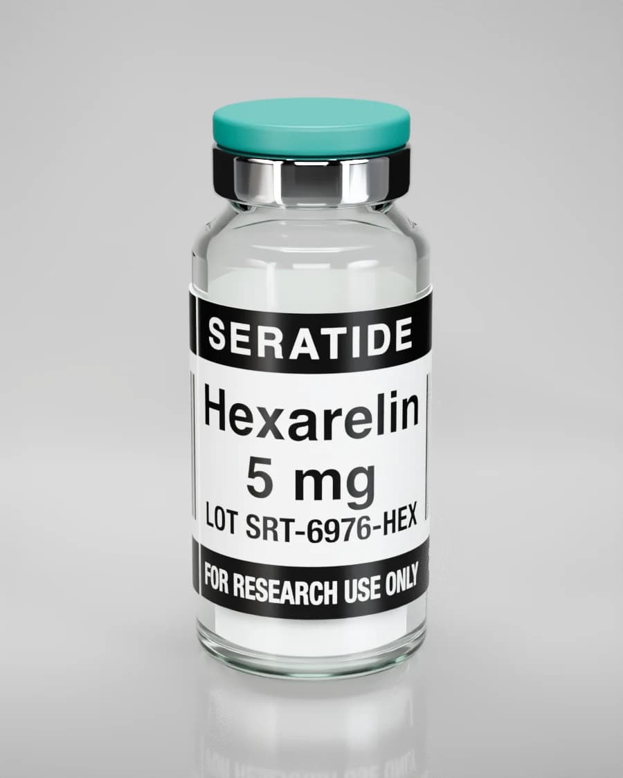 Seratide Hexarelin 5 mg vial — Lyophilized · 3 mL vial, lot SRT-6976-HEX, labeled For Research Use Only, 21+