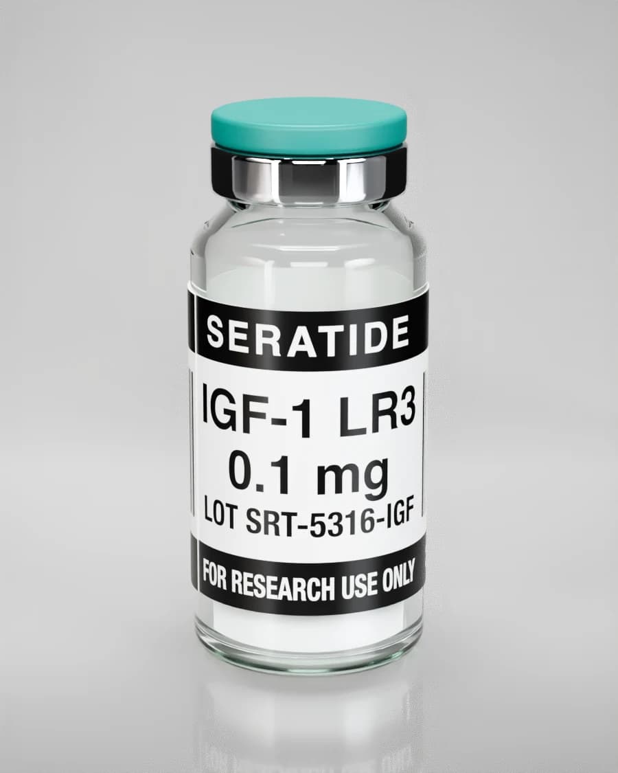 Seratide IGF-1 LR3 0.1 mg vial — Lyophilized · 3 mL vial, lot SRT-5316-IGF, labeled For Research Use Only, 21+