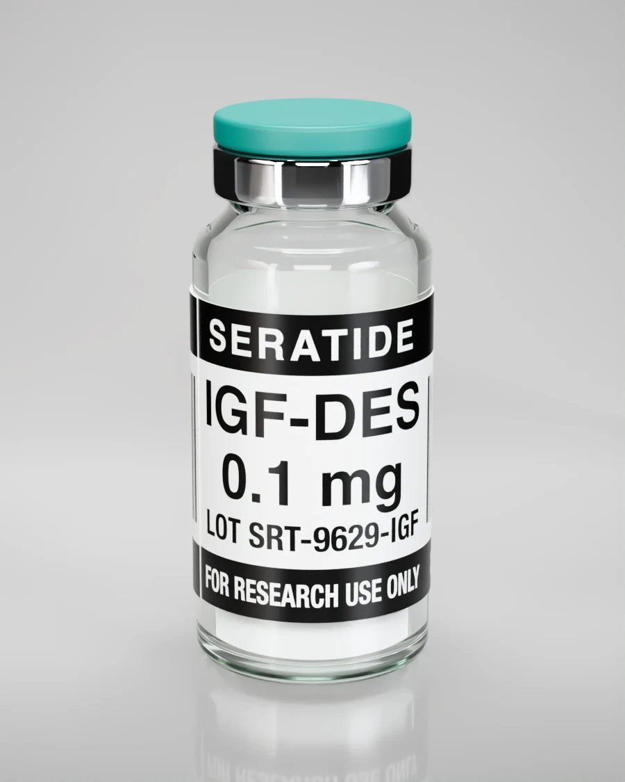 Seratide IGF-DES 0.1 mg vial — Lyophilized · 3 mL vial, lot SRT-9629-IGF, labeled For Research Use Only, 21+