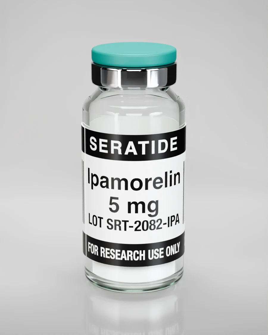 Seratide Ipamorelin 5 mg vial — Lyophilized · 3 mL vial, lot SRT-2082-IPA, labeled For Research Use Only, 21+