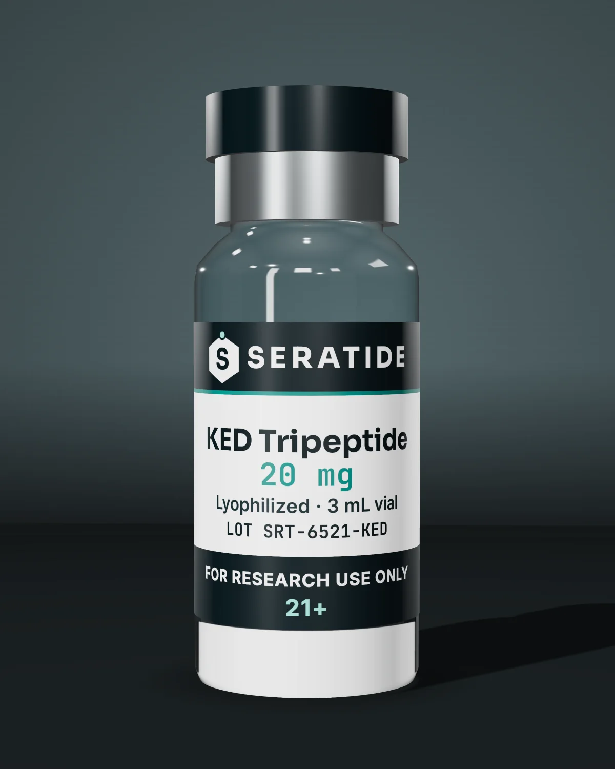 Seratide KED Tripeptide 20 mg vial — Lyophilized · 3 mL vial, lot SRT-6521-KED, labeled For Research Use Only, 21+