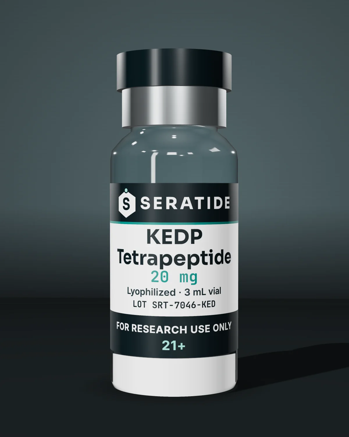 Seratide KEDP Tetrapeptide 20 mg vial — Lyophilized · 3 mL vial, lot SRT-7046-KED, labeled For Research Use Only, 21+