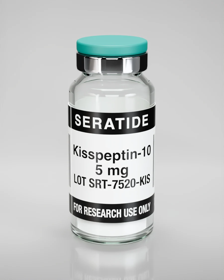 Seratide Kisspeptin-10 5 mg vial — Lyophilized · 3 mL vial, lot SRT-7520-KIS, labeled For Research Use Only, 21+