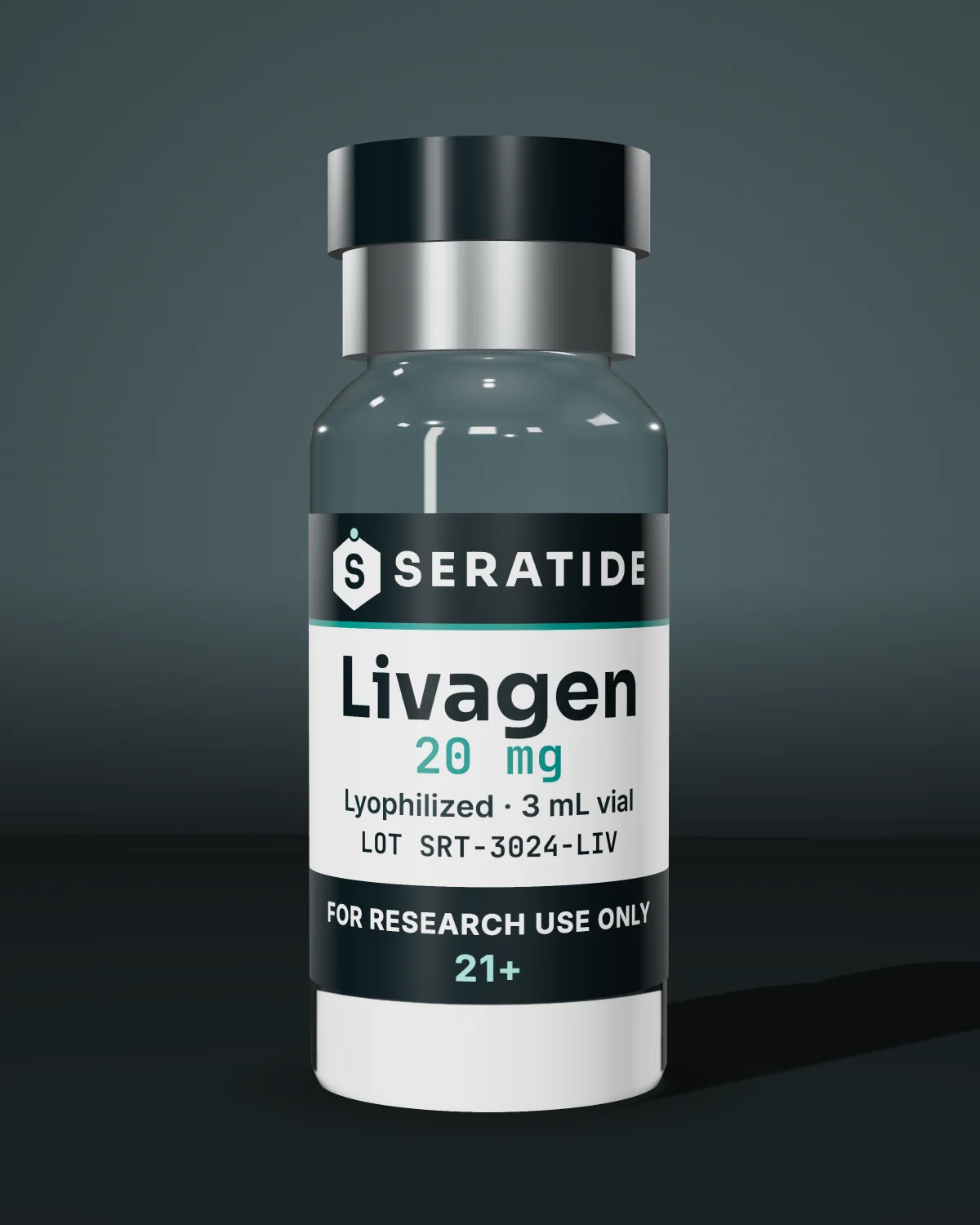 Seratide Livagen 20 mg vial — Lyophilized · 3 mL vial, lot SRT-3024-LIV, labeled For Research Use Only, 21+