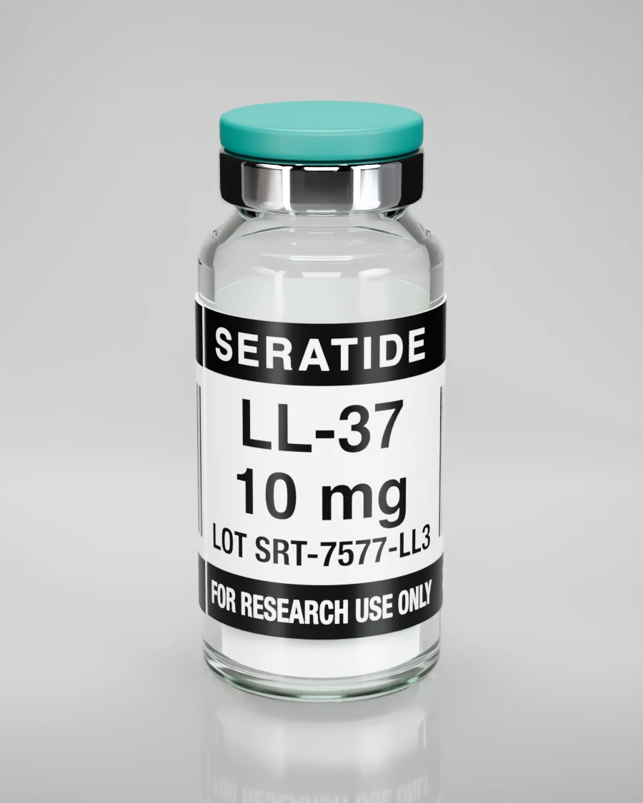 Seratide LL-37 10 mg vial — Lyophilized · 3 mL vial, lot SRT-7577-LL3, labeled For Research Use Only, 21+