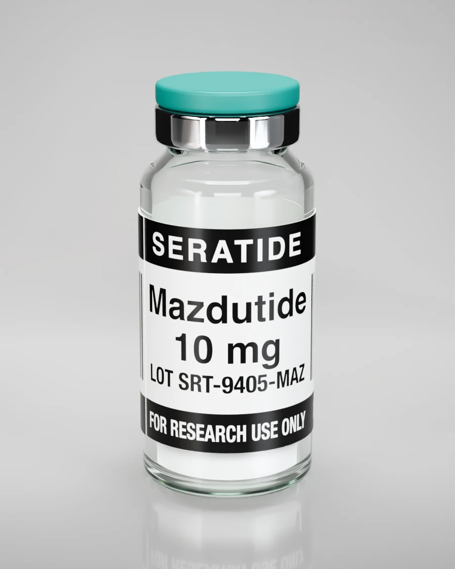 Seratide Mazdutide 10 mg vial — Lyophilized · 3 mL vial, lot SRT-9405-MAZ, labeled For Research Use Only, 21+