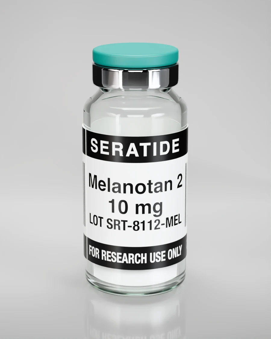Seratide Melanotan 2 10 mg vial — Lyophilized · 3 mL vial, lot SRT-8112-MEL, labeled For Research Use Only, 21+