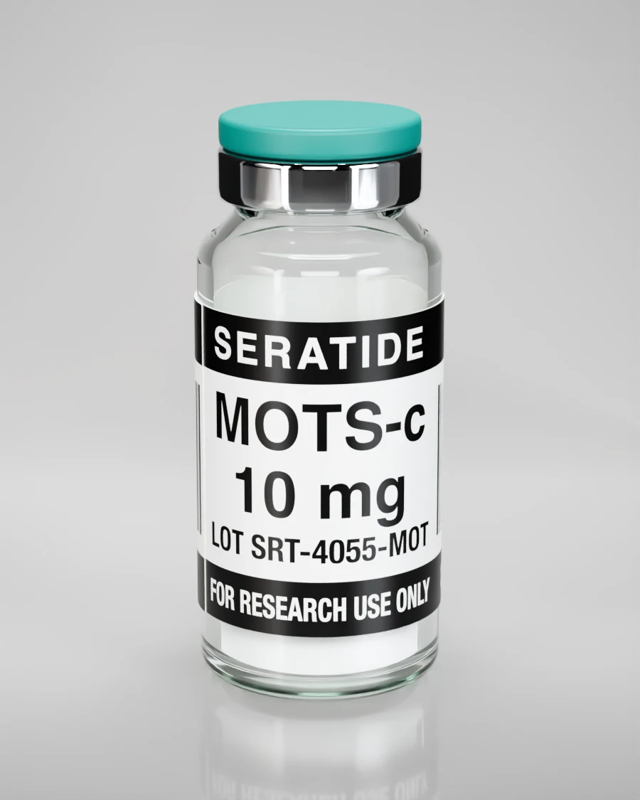 Seratide MOTS-c 10 mg vial — Lyophilized · 3 mL vial, lot SRT-4055-MOT, labeled For Research Use Only, 21+