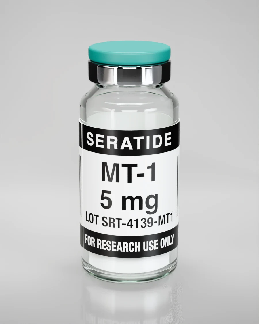 Seratide MT-1 5 mg vial — Lyophilized · 3 mL vial, lot SRT-4139-MT1, labeled For Research Use Only, 21+