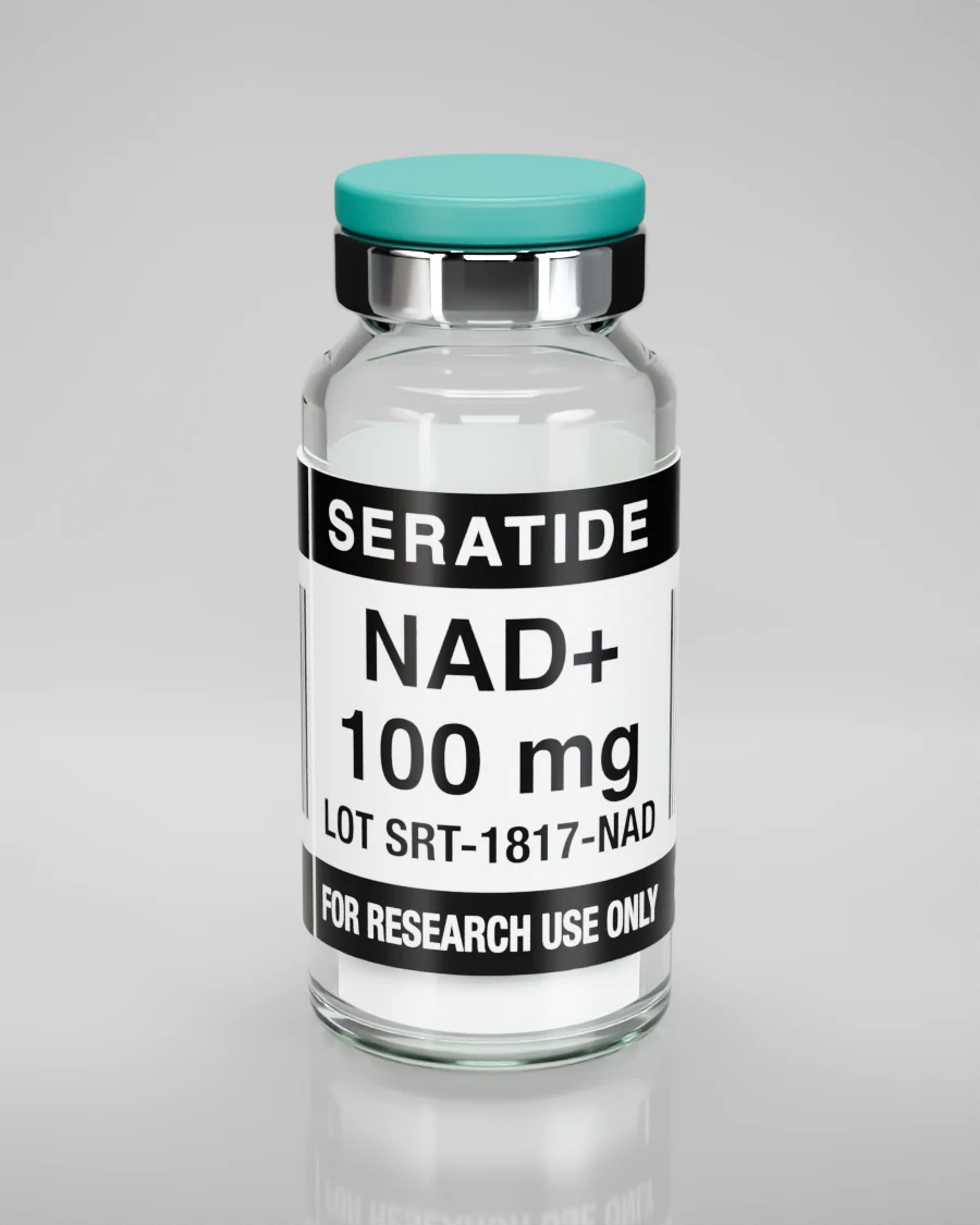 Seratide NAD+ 100 mg vial — Lyophilized · 3 mL vial, lot SRT-1817-NAD, labeled For Research Use Only, 21+