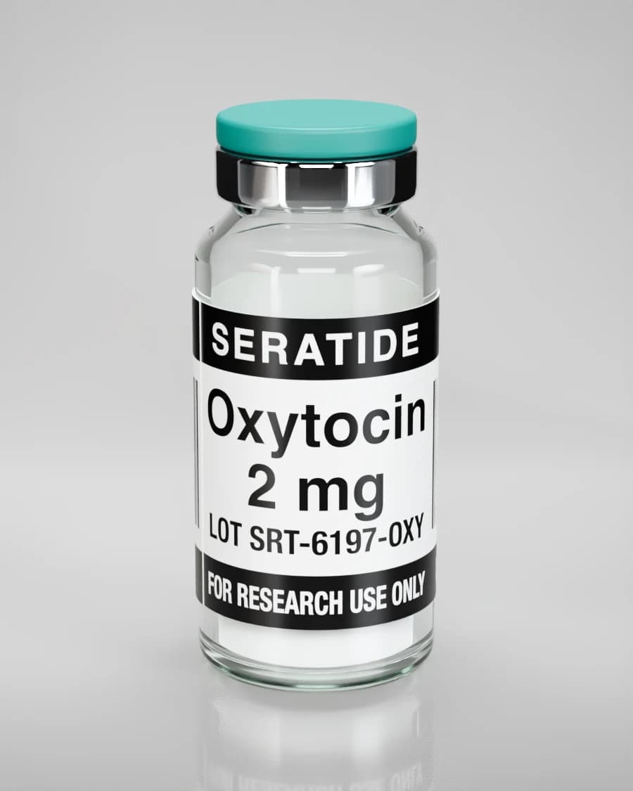 Seratide Oxytocin 2 mg vial — Lyophilized · 3 mL vial, lot SRT-6197-OXY, labeled For Research Use Only, 21+