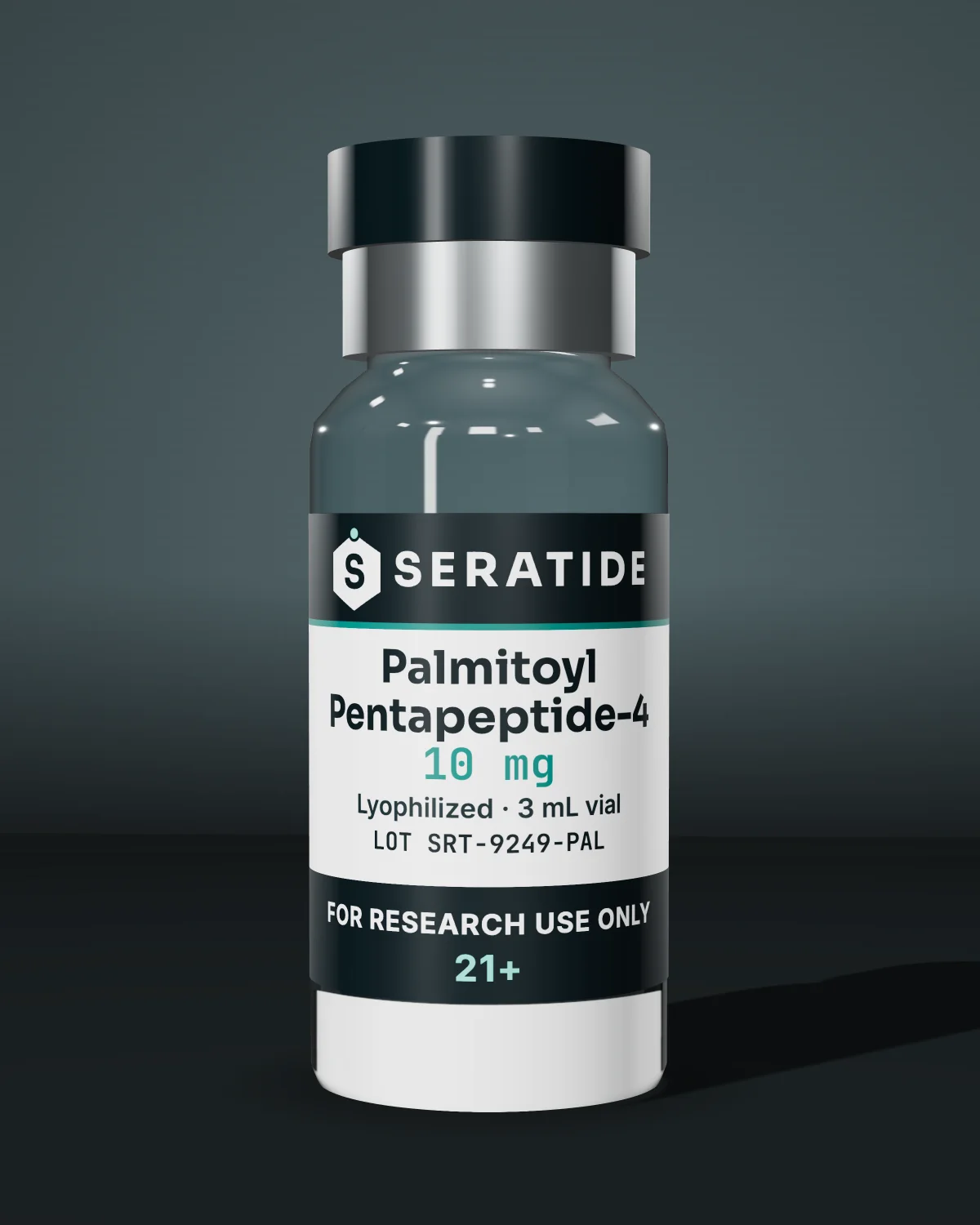 Seratide Palmitoyl Pentapeptide-4 10 mg vial — Lyophilized · 3 mL vial, lot SRT-9249-PAL, labeled For Research Use Only, 21+