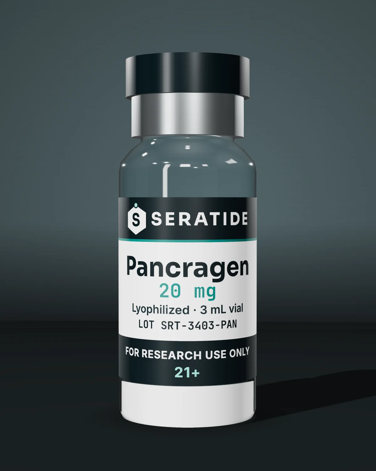 Seratide Pancragen 20 mg vial — Lyophilized · 3 mL vial, lot SRT-3403-PAN, labeled For Research Use Only, 21+