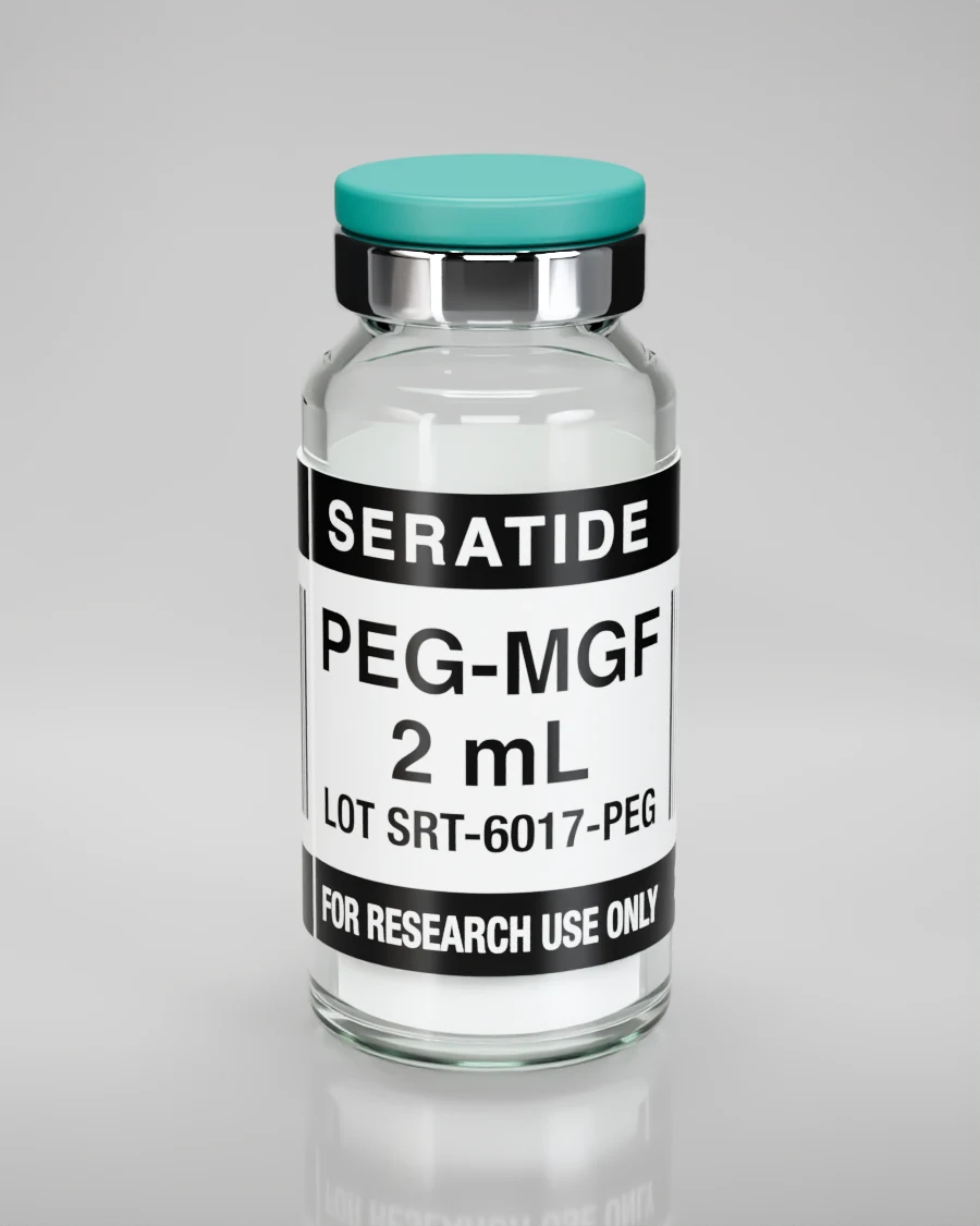 Seratide PEG-MGF 2 mL vial — Solution · 2 mL vial, lot SRT-6017-PEG, labeled For Research Use Only, 21+