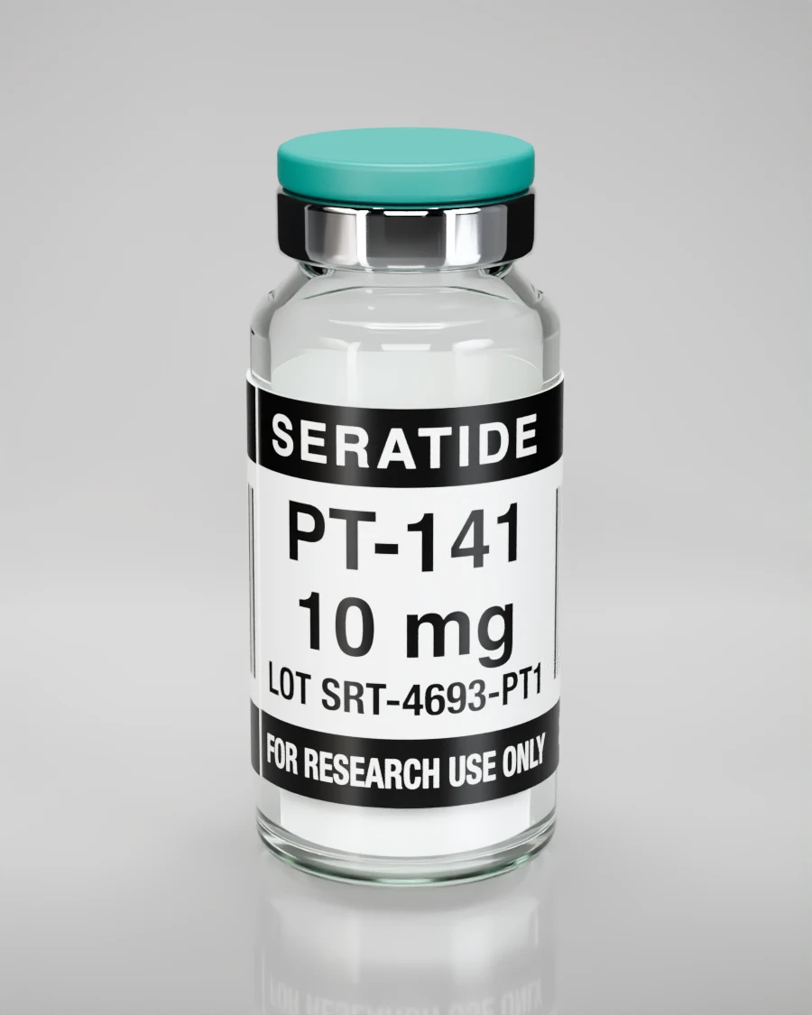 Seratide PT-141 10 mg vial — Lyophilized · 3 mL vial, lot SRT-4693-PT1, labeled For Research Use Only, 21+