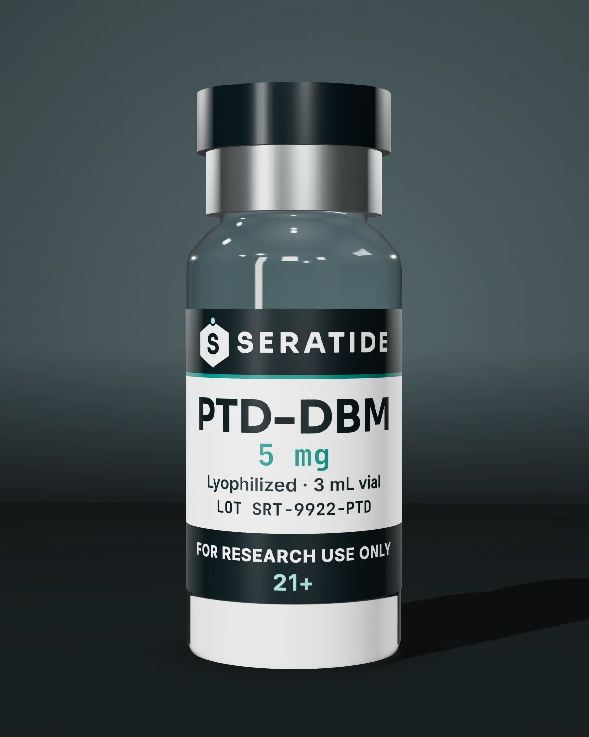 Seratide PTD-DBM 5 mg vial — Lyophilized · 3 mL vial, lot SRT-9922-PTD, labeled For Research Use Only, 21+