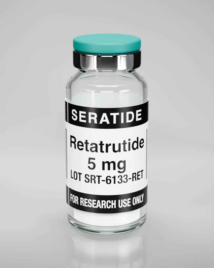 Seratide Retatrutide 5 mg vial — Lyophilized · 3 mL vial, lot SRT-6133-RET, labeled For Research Use Only, 21+