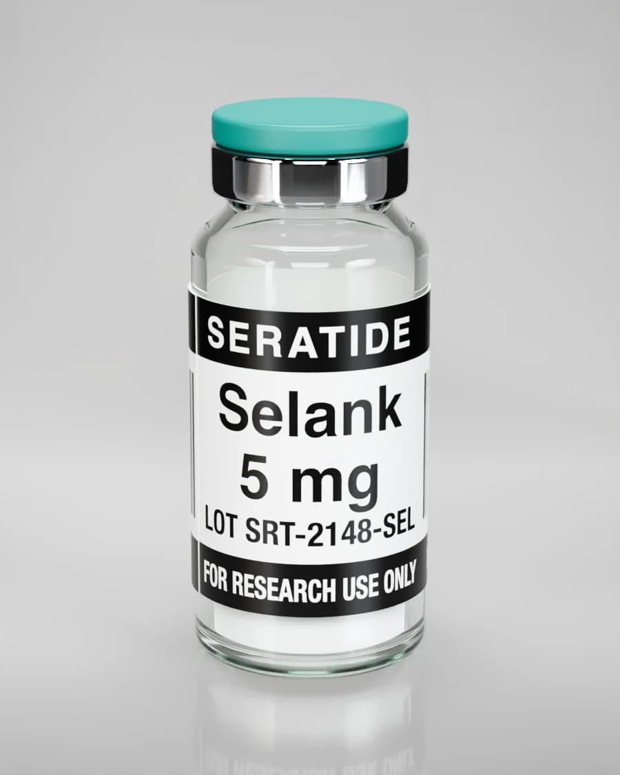 Seratide Selank 5 mg vial — Lyophilized · 3 mL vial, lot SRT-2148-SEL, labeled For Research Use Only, 21+