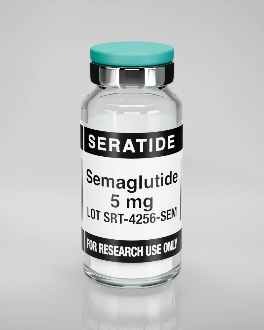 Seratide Semaglutide 5 mg vial — Lyophilized · 3 mL vial, lot SRT-4256-SEM, labeled For Research Use Only, 21+