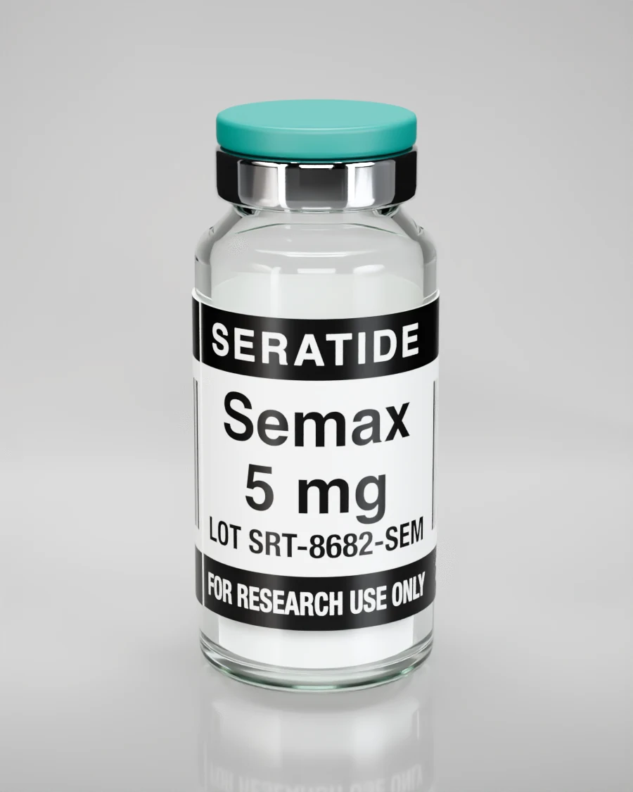 Seratide Semax 5 mg vial — Lyophilized · 3 mL vial, lot SRT-8682-SEM, labeled For Research Use Only, 21+